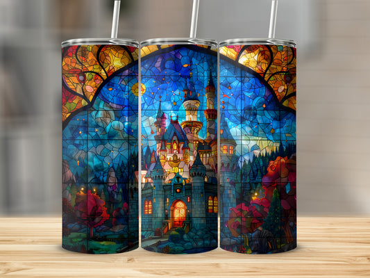 Three tumblers with a stained-glass castle and starry sky design.