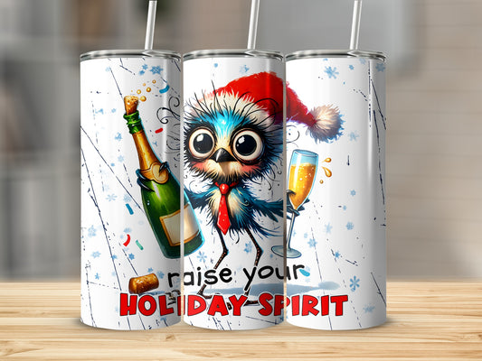 Cute owl in Santa hat holding champagne, "RAISE YOUR HOLIDAY SPIRIT" text.