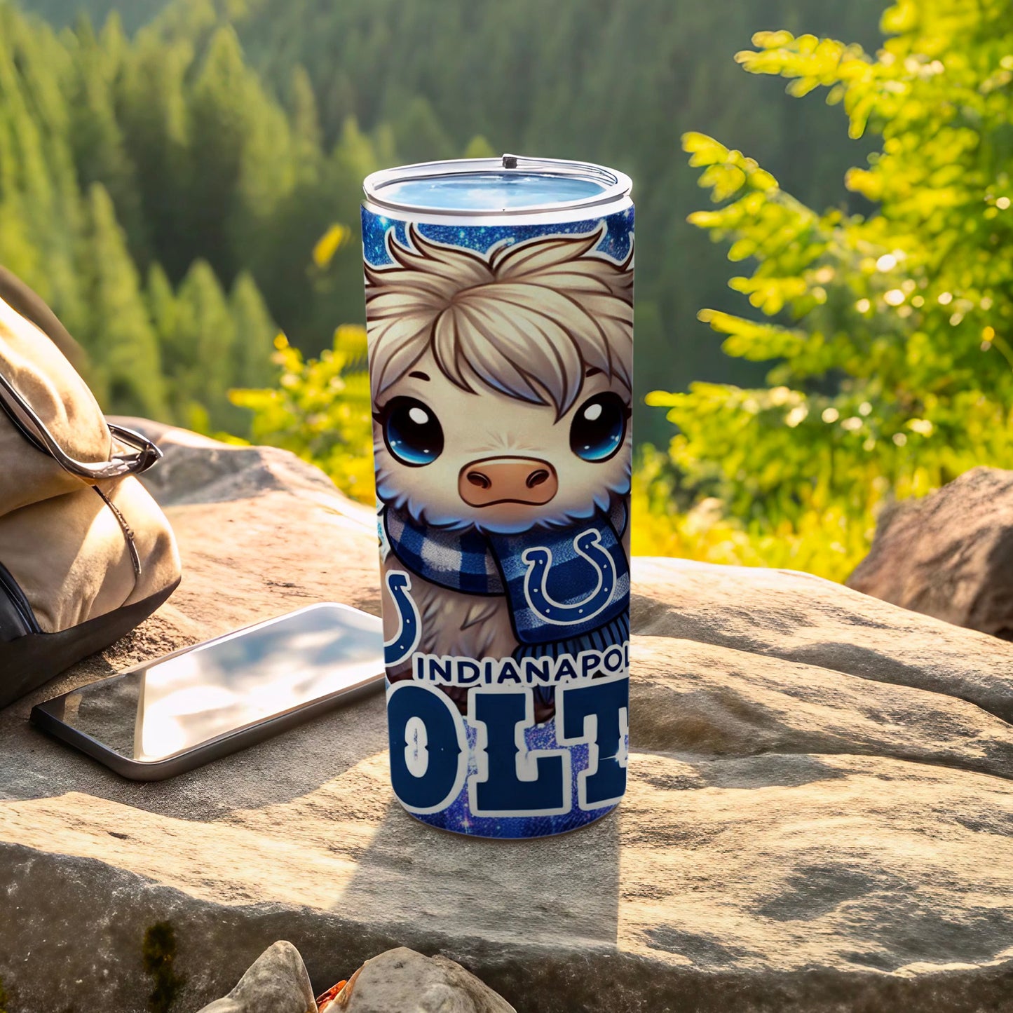 Indianapolis Colts llama tumbler with blue and white pattern.