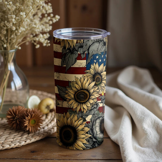 American Flag and Sunflower Design Tumbler Cup
