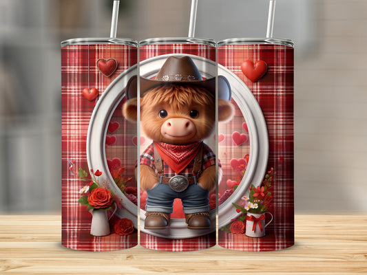 Cowboy bull with red bandana and plaid design on tumbler.