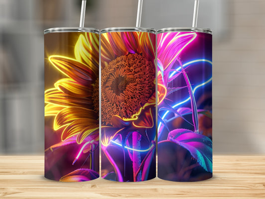 Three tumblers with neon sunflower designs on a wooden surface.