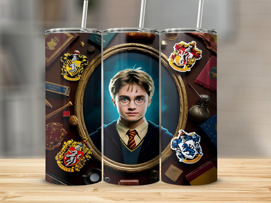 Harry Potter with Hogwarts crests on a tumbler.