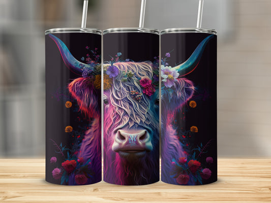 Highland cow with floral headdress on a dark background.