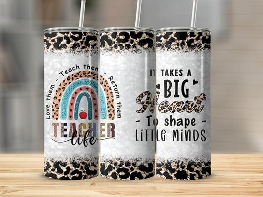 Teacher tumbler with leopard print and inspirational quotes.