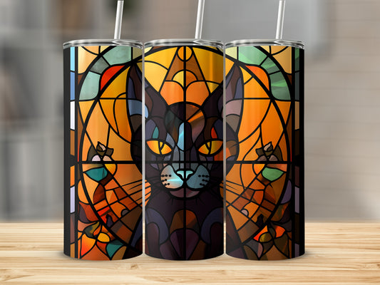 Three tumblers with a stained glass cat design against an orange and black background.