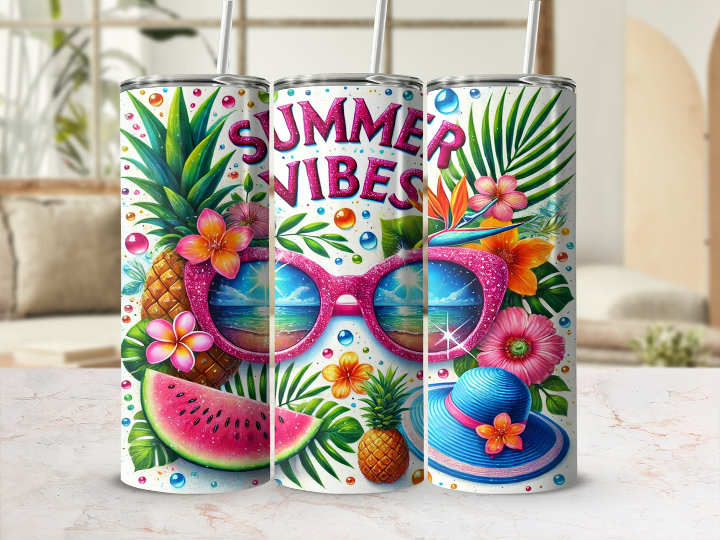 Colorful Summer Vibes Tropical Design Tumbler