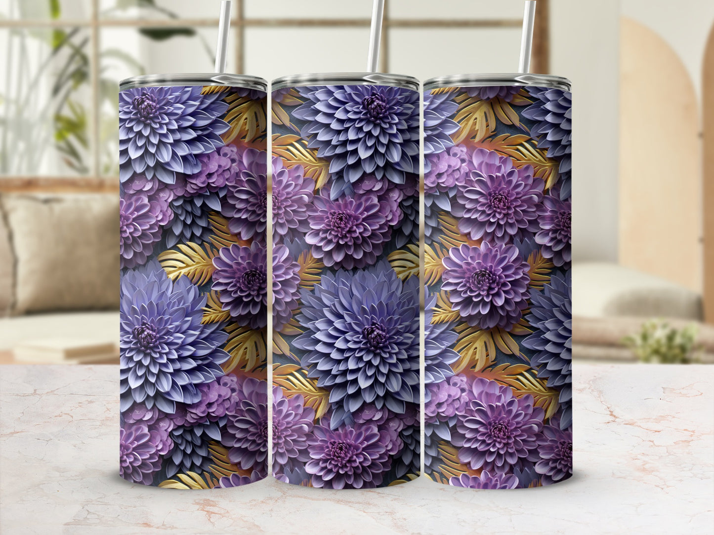 Purple and Gold Floral Design Tumbler