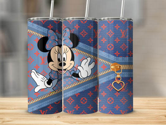 Minnie Mouse on denim background with gold zipper and heart charm.