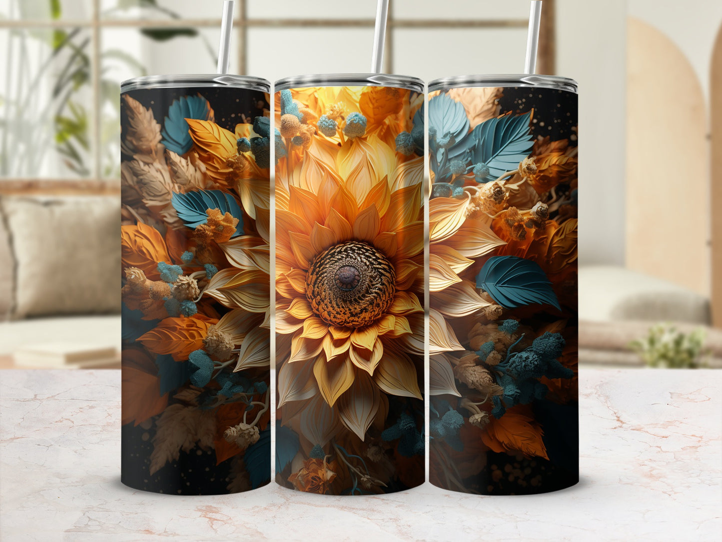 Bright Sunflower and Blue Leaves Design Tumbler