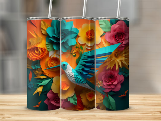 Three tumblers featuring a hummingbird and colorful paper flowers against an orange background.