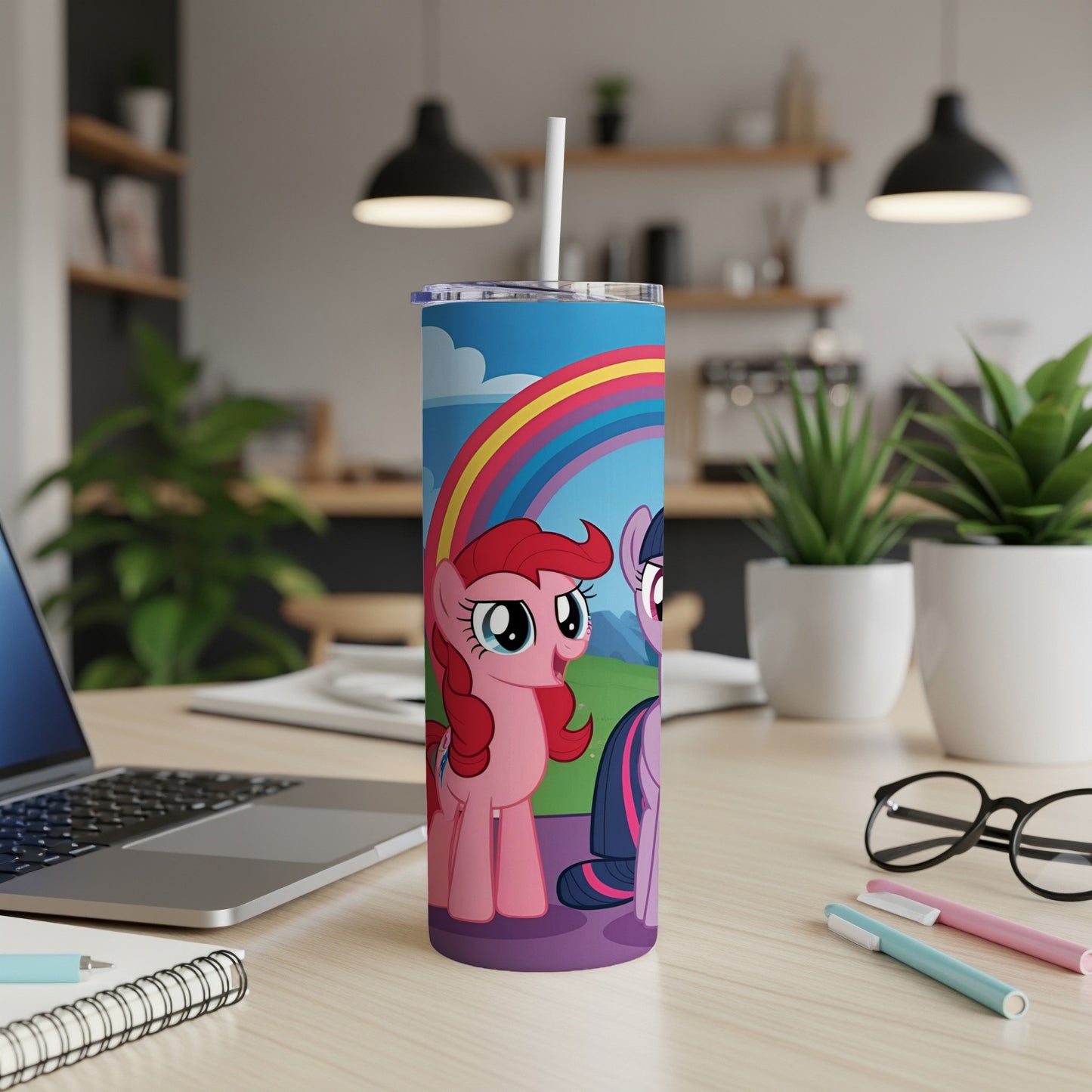 Pinkie Pie and Twilight Sparkle from My Little Pony on a rainbow tumbler.