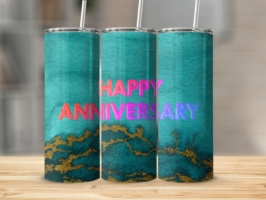 Turquoise tumbler with gold marbling and "Happy Anniversary" text.