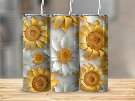 Three tumblers with vibrant yellow and white sunflower designs.