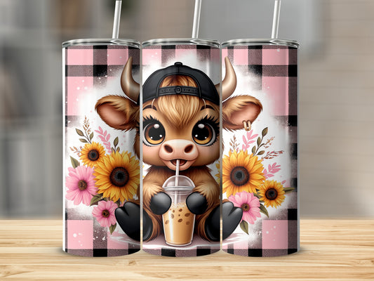 Cute cartoon cow wearing a black cap, holding a coffee cup, surrounded by sunflowers.