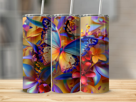 Three tumblers with colorful butterfly and floral design.
