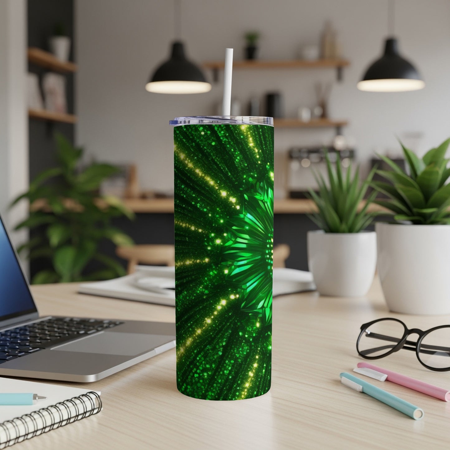 Green sparkly tumbler with straw on a desk.