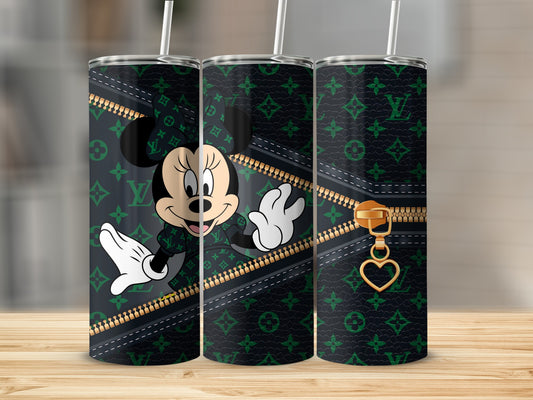 Mickey Mouse on a black and green LV-print tumbler with gold zipper detail.