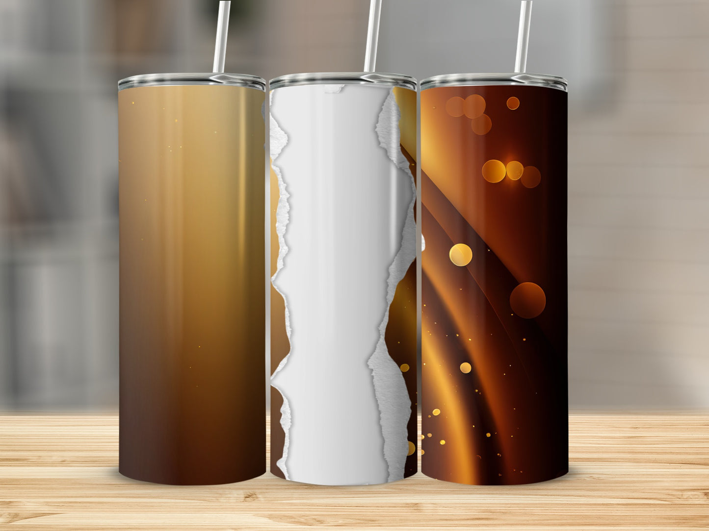 Three tumblers with torn paper, gradient, and bokeh designs.