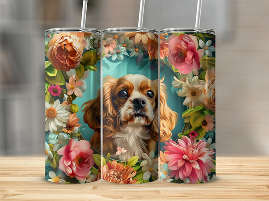 Three floral tumblers featuring a Cavalier King Charles Spaniel dog.