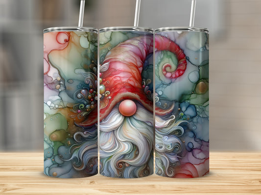 Three tumblers with a whimsical gnome design and colorful abstract art.
