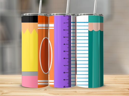Three tumblers: pencil, crayon, and ruler designs.