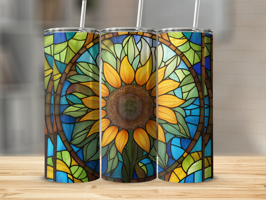 Three tumblers featuring a stained-glass sunflower design.