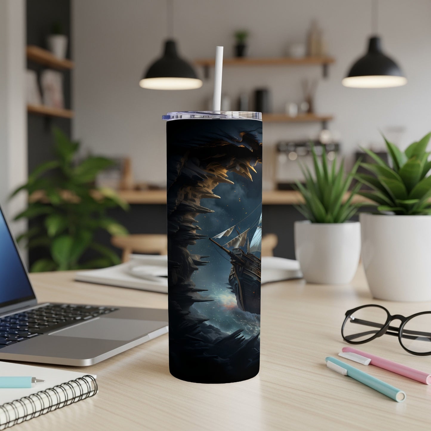 Tall tumbler with pirate ship and stormy ocean artwork.