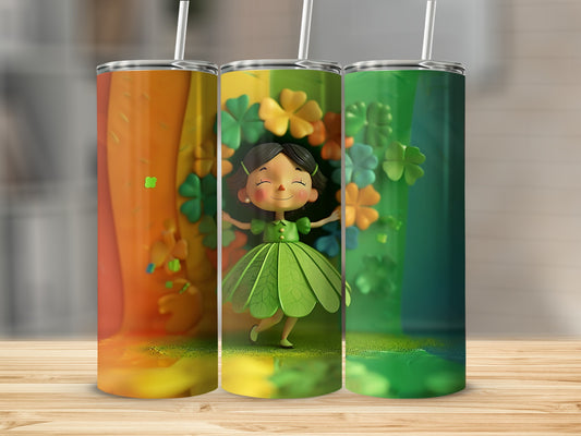 Three tumblers with St. Patrick's Day designs, featuring shamrocks and a cartoon girl.