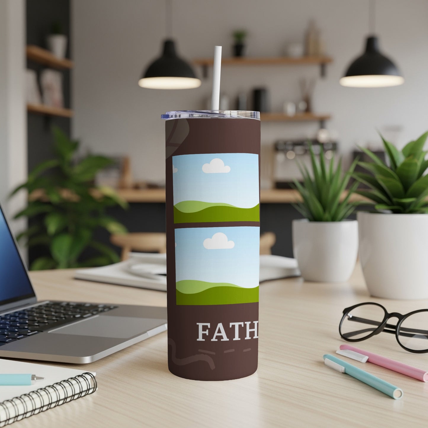 Brown tumbler with double photo frames and "FATH" text.
