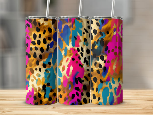 Three tumblers with a colorful leopard print design.