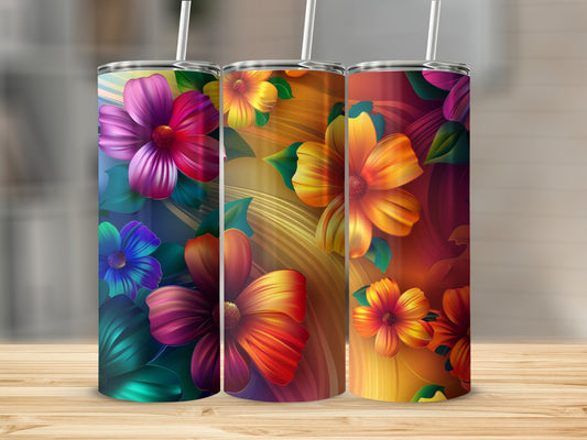 Three tumblers with vibrant floral designs and metallic gold accents.