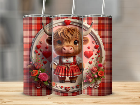 Tartan tumbler with a cute cartoon Highland cow in a red dress and heart frame.