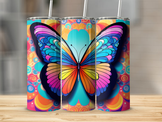 Three tumblers with colorful butterfly and psychedelic patterns.