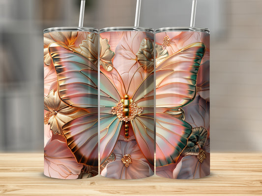 Three tumblers with iridescent butterfly and floral design.