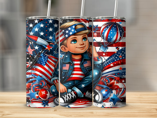 Boy in patriotic outfit with fireworks and American flags on tumblers.