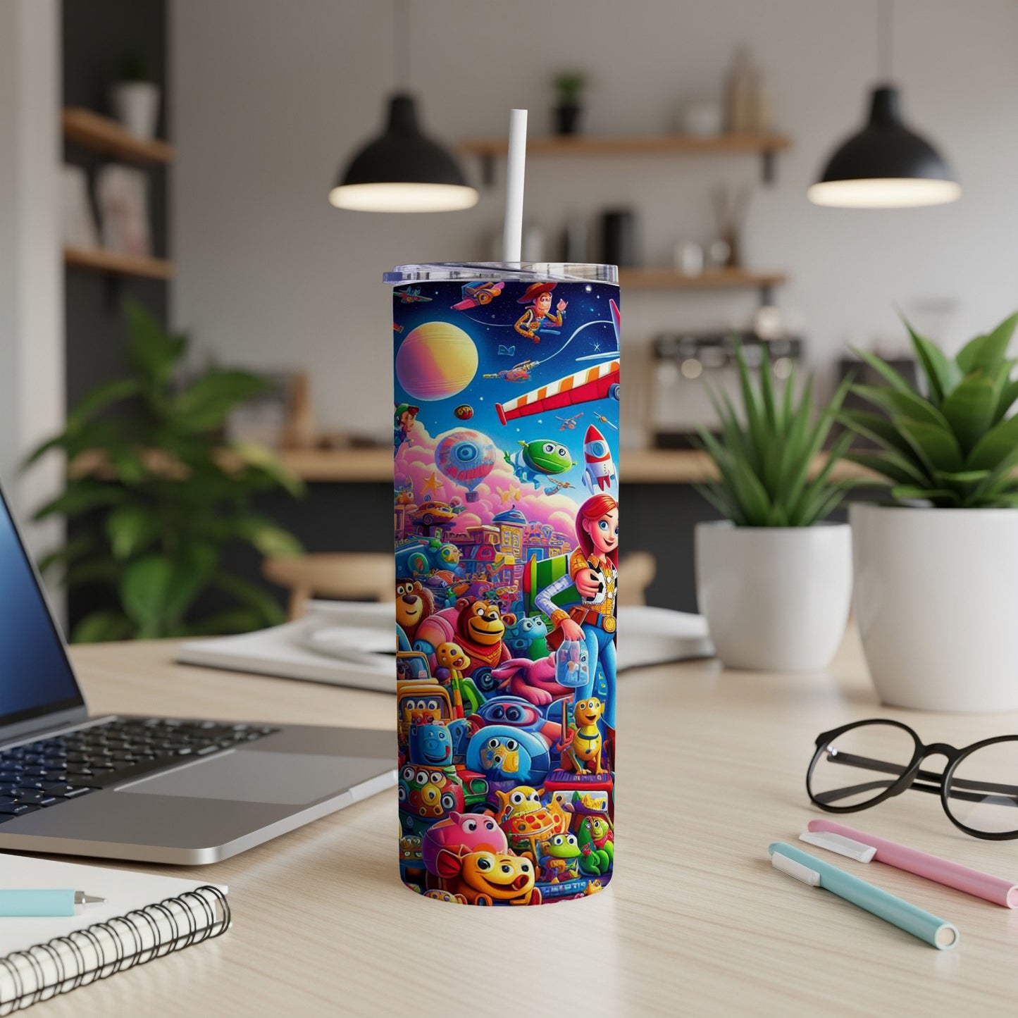 Toy Story characters and objects on a colorful space-themed tumbler.