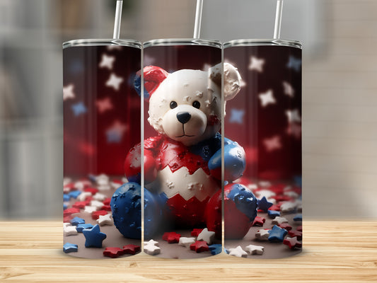 Patriotic teddy bear tumbler with red, white, and blue stars.