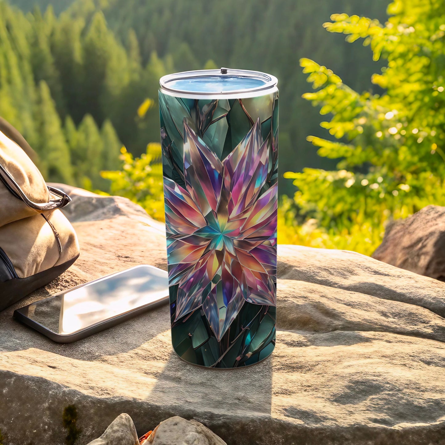 Iridescent crystal design on a tall, insulated tumbler on a rock.