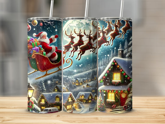 Festive Santa and Reindeer Design Christmas Tumbler