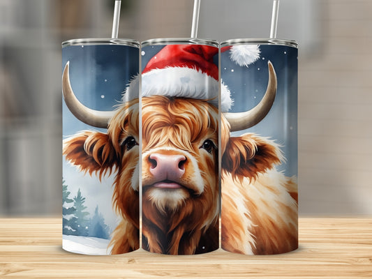 Highland cow wearing a Santa hat against a snowy background.