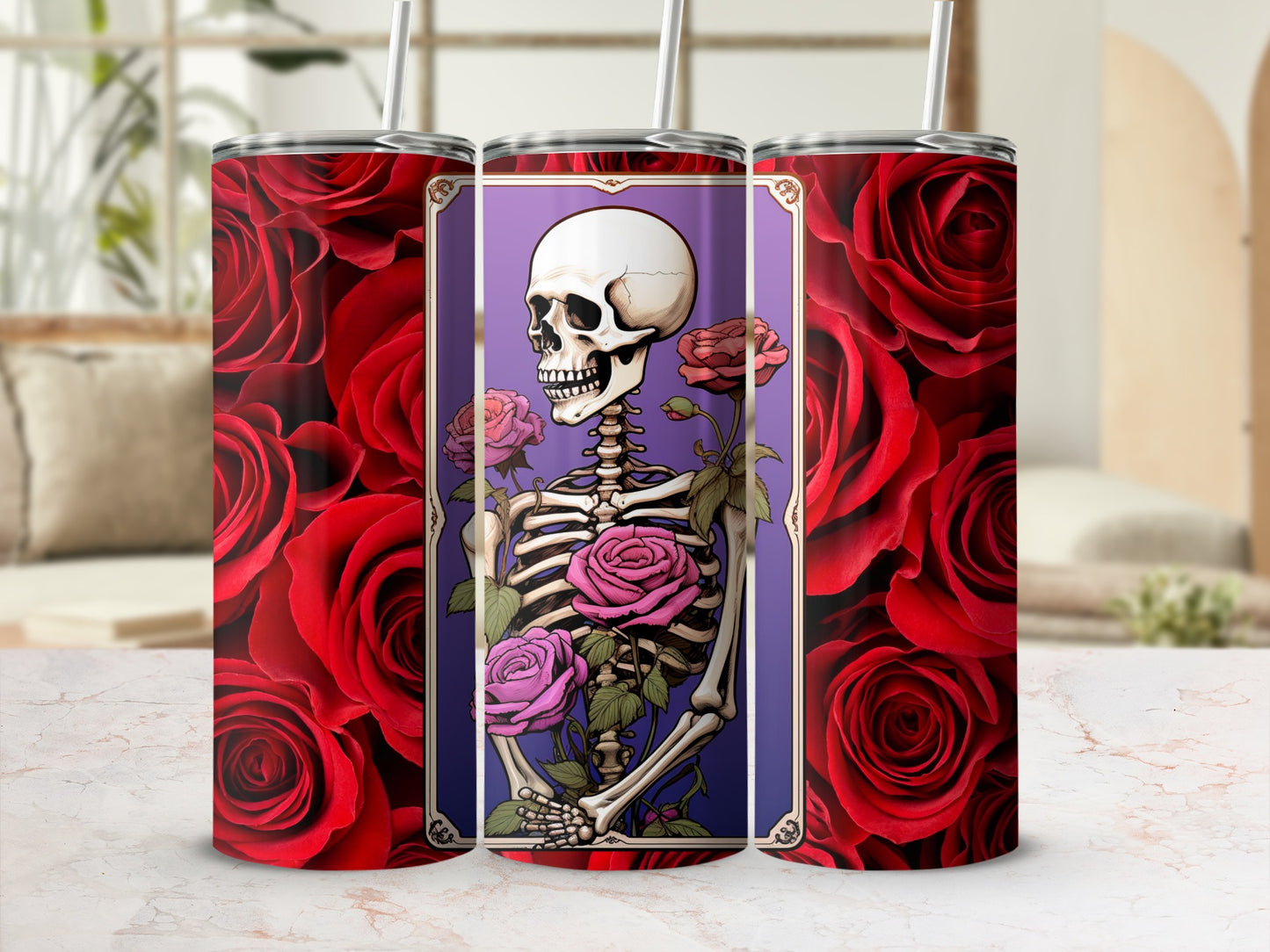 Skeleton and Roses Artwork Tumbler with Red Floral Design