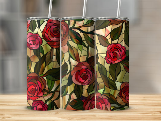 Three tumblers with a red rose stained glass design.
