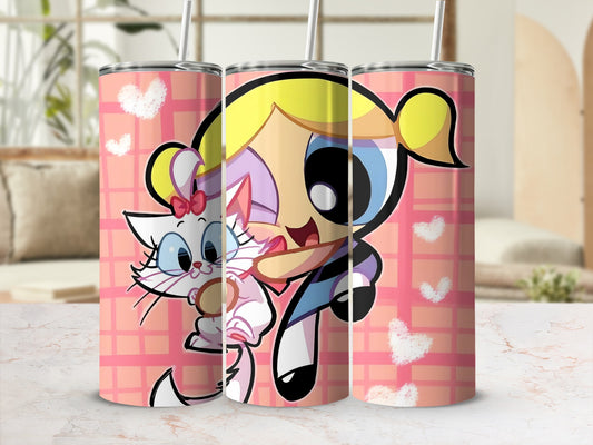Cartoon Girl and Cat Design with Pink Hearts Tumbler