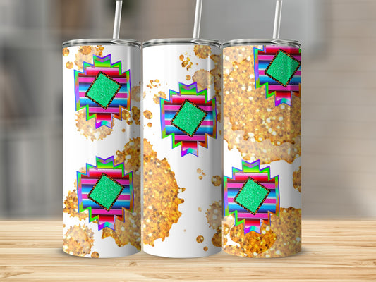 Three tumblers with Southwest pattern and glitter accents.