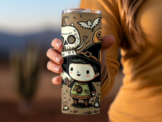 Cute Halloween Witch and Skull Tumbler with Fun Design
