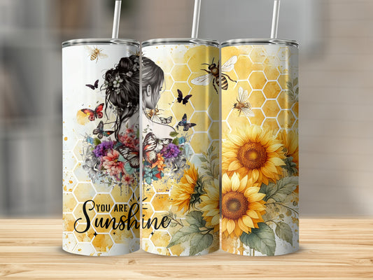 Three tumblers with sunflower and bee design, text "You Are Sunshine".
