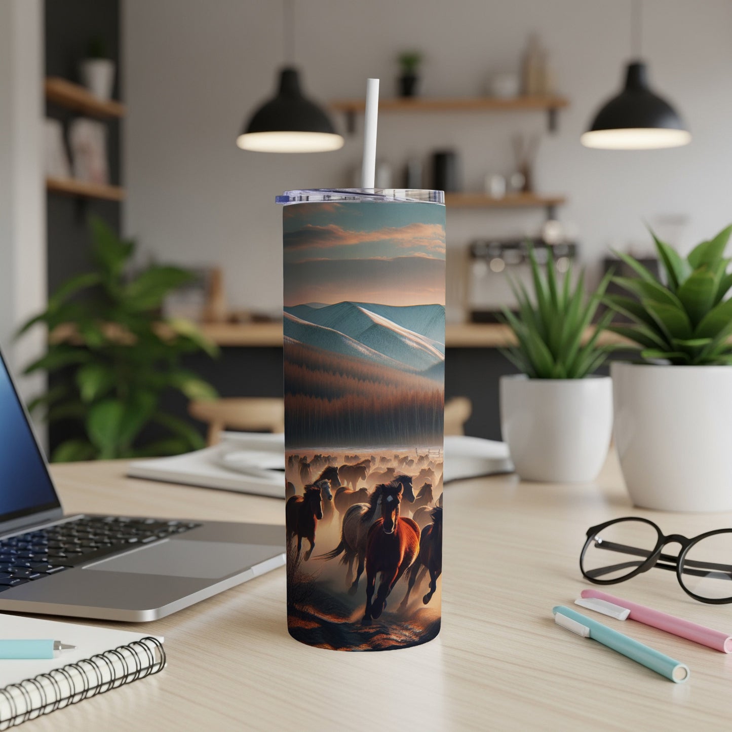 Tumbler with herd of horses running through landscape, straw included.