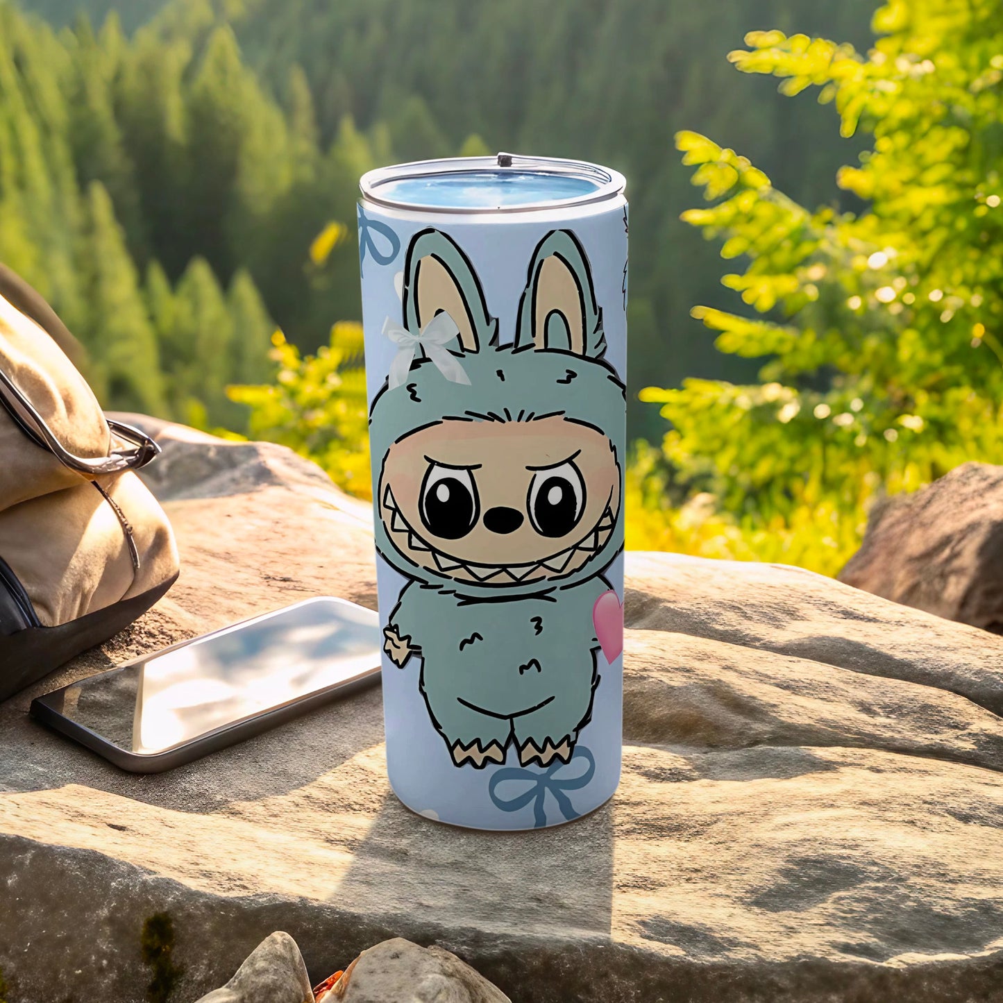 Cute Cartoon Monster Travel Tumbler with Bunny Ears design
