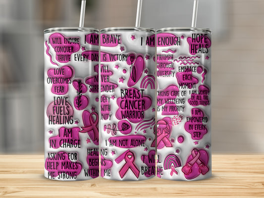 Pink tumbler with breast cancer awareness text and ribbon graphics.